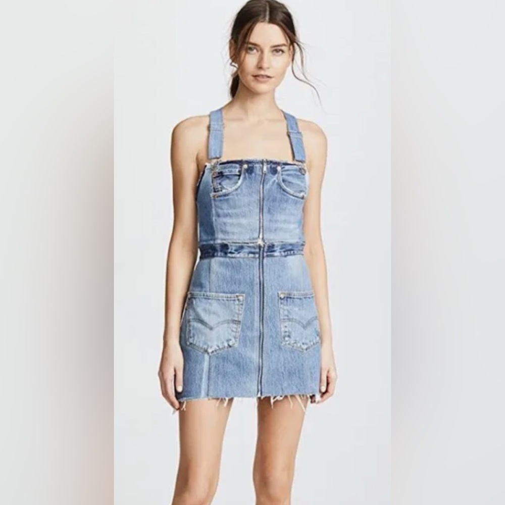 Re/Done Blue Denim Mini Pinafore Dress